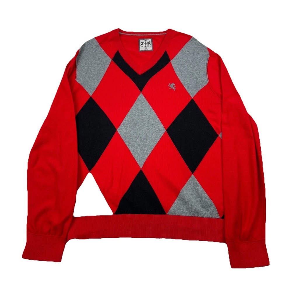Express Sweater Mens XL Red Argyle Cotton Embroidered Logo Tight Knit V Neck